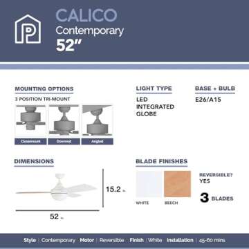 Prominence Home 80034-01 Calico Modern/Contemporary Ceiling Fan with Remote Control, Integrated LED Light Kit, 52 inches, White