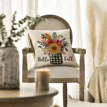 AVOIN Hello Fall Buffalo Check Plaid Vase Sunflower Throw Pillow Cover Leaves Flowers, 18 x 18 Inch Autumn Thanksgiving Farmhouse Harvest Cushion Case Decoration for Sofa Couch