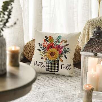 AVOIN Hello Fall Buffalo Check Plaid Vase Sunflower Throw Pillow Cover Leaves Flowers, 18 x 18 Inch Autumn Thanksgiving Farmhouse Harvest Cushion Case Decoration for Sofa Couch