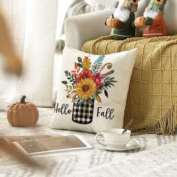 AVOIN Hello Fall Buffalo Check Plaid Vase Sunflower Throw Pillow Cover Leaves Flowers, 18 x 18 Inch Autumn Thanksgiving Farmhouse Harvest Cushion Case Decoration for Sofa Couch