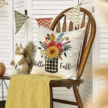 AVOIN Hello Fall Buffalo Check Plaid Vase Sunflower Throw Pillow Cover Leaves Flowers, 18 x 18 Inch Autumn Thanksgiving Farmhouse Harvest Cushion Case Decoration for Sofa Couch