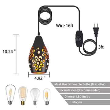 YLONG-ZS Farmhouse Hanging Lights Fixtures with 16.4 FT Plug in Cord Black and Gold Metal Pendant Light Cage in-Line On/Off Dimmer Switch Rustic Swag Ceiling Lamps for Living Room,Bedroom,Corner