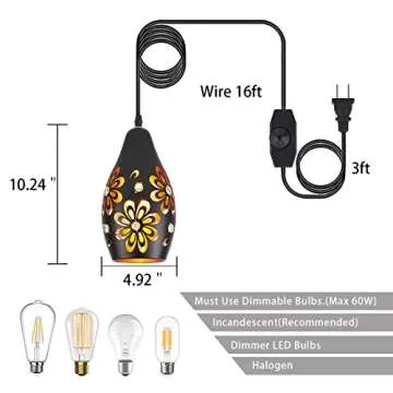 YLONG-ZS Farmhouse Hanging Lights Fixtures with 16.4 FT Plug in Cord Black and Gold Metal Pendant Light Cage in-Line On/Off Dimmer Switch Rustic Swag Ceiling Lamps for Living Room,Bedroom,Corner