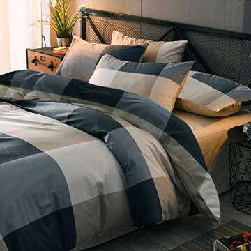 Cotton Grid Plaid Duvet Cover Set Queen Modern Reversible Checkered Hotel Quality Zipper Closure Bed...
