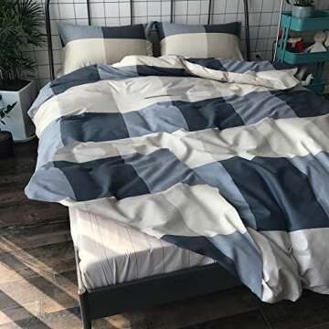 Cotton Grid Plaid Duvet Cover Set Queen Modern Reversible Checkered Hotel Quality Zipper Closure Bedding Collection (NO Comforter)