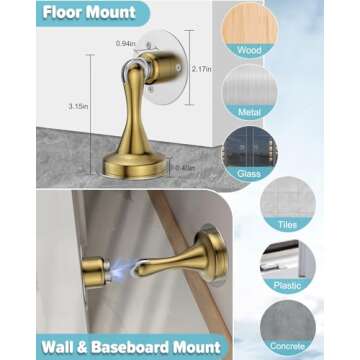 Door Stoppers Magnetic Door Catch - 2 Pack Stainless Steel Heavy Duty Door Stops for Bottom of Door, Wall & Floor Mounting No-Drill Strong Adhesive & Screws, Strong Door Holder to Keep Door Open,Gold