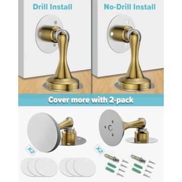 Door Stoppers Magnetic Door Catch - 2 Pack Stainless Steel Heavy Duty Door Stops for Bottom of Door, Wall & Floor Mounting No-Drill Strong Adhesive & Screws, Strong Door Holder to Keep Door Open,Gold