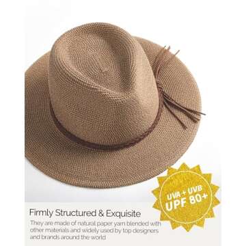FURTALK Sun Hats for Women Summer Wide Brim UV UPF 80+ Panama Fedora Foldable Packable Straw Beach H...