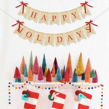 VILIFEVER Happy Holidays Banner Burlap, Christmas Decorations for Home Office, Christmas Banner for Fireplace Mantel Indoor Outdoor Decor, Christmas Holiday Sign Xmas Party Supplies