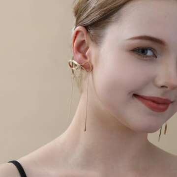 ASCONA 925 Sterling Silver Post Gold Silver Bow Earrings Women Ribbon Stud Earrings Gift (Tassel Gold)