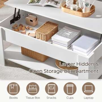 Yaheetech Lift Top Coffee Table with Hidden Compartment and Storage Shelf, Rising Tabletop Dining Table for Living Room Reception Room, 47.5in L, White