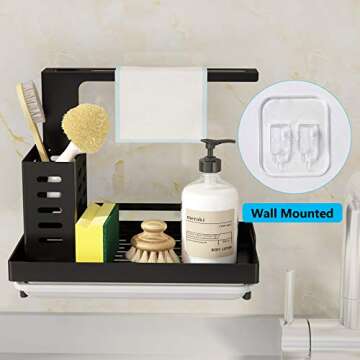 UPGRADED Sink Caddy Sink Sponge Holder Brush Soap Dishcloth Holder with Drain Pan Stainless Steel Caddy Organizer for Kitchen, Freestanding or Wall-Mounted