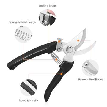 Garden Scissors for Plant, Tip Pruning Shears for Cutting Flowers, Trimming Plants, Bonsai and Fruits Picking (Black Bypass Blade Pruner)