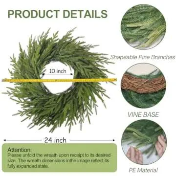 24 Inch Real Touch Norfolk Pine Wreath,Artificial Christmas Wreath for Front Door,Wall Windows Mantl...