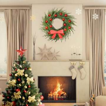 24 Inch Real Touch Norfolk Pine Wreath,Artificial Christmas Wreath for Front Door,Wall Windows Mantle Outdoor Outside Christmas Decoration