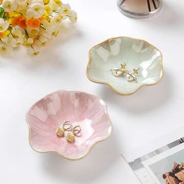 2PCS Lotus Leaf Shape Ring Holder Dish, Small Key Bowl, Ceramic Trinket Tray Jewelry Dish Organizing...