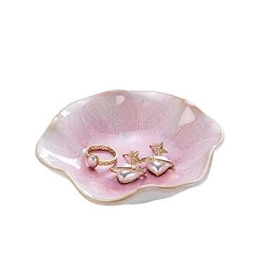 2PCS Lotus Leaf Shape Ring Holder Dish, Small Key Bowl, Ceramic Trinket Tray Jewelry Dish Organizing Necklace Earrings for Mom Friend Sister, All Jewelries Are NOT Included.Pink+Light Green.…