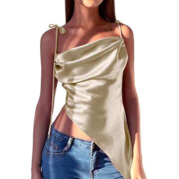 Modegal Women's Shiny Satin Cowl Neck Ruched Bust Irregular Hem Tie Shoulder Costumes Cami Tube Crop Top (Shiny Gold,S)