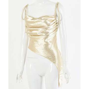 Modegal Women's Shiny Satin Cowl Neck Ruched Bust Irregular Hem Tie Shoulder Costumes Cami Tube Crop Top (Shiny Gold,S)