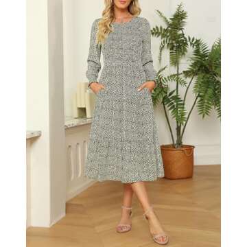 Zattcas Womens Dresses Fall 2025 Wedding Guest Dresses Casual Long Sleeve Boho Floral Smocked Tiered Flowy Modest Work Church Winter Midi Dresses Olive M