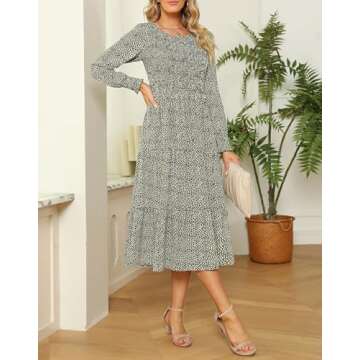 Zattcas Womens Dresses Fall 2025 Wedding Guest Dresses Casual Long Sleeve Boho Floral Smocked Tiered Flowy Modest Work Church Winter Midi Dresses Olive M