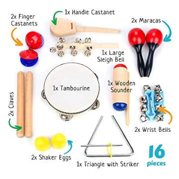 Boxiki kids Musical Instruments Set of 16 PCS - Toddler Educational & Musical Percussion for Kids - with Tambourine, Maracas & Castanets & More to Fine Motor Skills - 3+ Years Olds