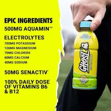 GHOST Hydration Drink, Lemon Lime - RTD Sports Drinks with Electrolytes for Hydration - Beverage for Athletes - Zero Caffeine & Zero Sugars - 16.9 Fl Oz, 12 Pack