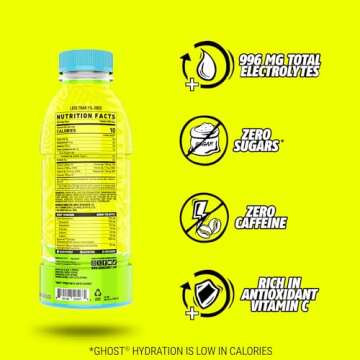 GHOST Hydration Drink, Lemon Lime - RTD Sports Drinks with Electrolytes for Hydration - Beverage for Athletes - Zero Caffeine & Zero Sugars - 16.9 Fl Oz, 12 Pack