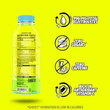 GHOST Hydration Drink, Lemon Lime - RTD Sports Drinks with Electrolytes for Hydration - Beverage for Athletes - Zero Caffeine & Zero Sugars - 16.9 Fl Oz, 12 Pack