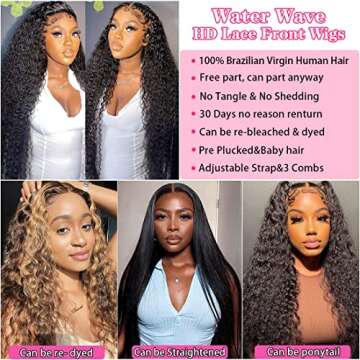 Water Wave Lace Front Wigs Human Hair HD 13x6 Glueless Lace Frontal Wigs Human Hair Wigs for Women 180% Density Wet and Wavy Lace Front Wigs Human Hair Pre Plucked with Baby Hair Natural Color 24 Inch