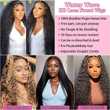 Water Wave Lace Front Wigs Human Hair HD 13x6 Glueless Lace Frontal Wigs Human Hair Wigs for Women 180% Density Wet and Wavy Lace Front Wigs Human Hair Pre Plucked with Baby Hair Natural Color 24 Inch