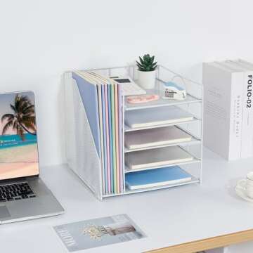 LEKETREE Desk Organizers and Accessories, 5-Tier Paper Letter Tray Organizer with File Holder, Desktop Organizer for Office Supplies, Office Desk Accessories & Workspace (White)