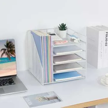 LEKETREE Desk Organizers and Accessories, 5-Tier Paper Letter Tray Organizer with File Holder, Desktop Organizer for Office Supplies, Office Desk Accessories & Workspace (White)