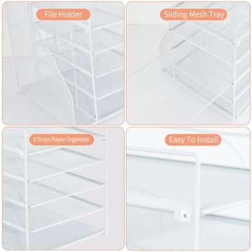 LEKETREE Desk Organizers and Accessories, 5-Tier Paper Letter Tray Organizer with File Holder, Desktop Organizer for Office Supplies, Office Desk Accessories & Workspace (White)