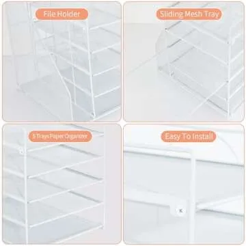 LEKETREE Desk Organizers and Accessories, 5-Tier Paper Letter Tray Organizer with File Holder, Desktop Organizer for Office Supplies, Office Desk Accessories & Workspace (White)