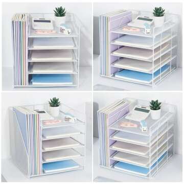 LEKETREE Desk Organizers and Accessories, 5-Tier Paper Letter Tray Organizer with File Holder, Desktop Organizer for Office Supplies, Office Desk Accessories & Workspace (White)