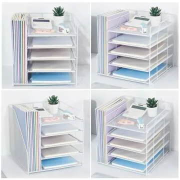 LEKETREE Desk Organizers and Accessories, 5-Tier Paper Letter Tray Organizer with File Holder, Desktop Organizer for Office Supplies, Office Desk Accessories & Workspace (White)