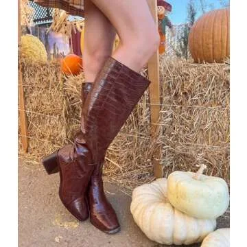MUCCCUTE Brown Knee High Boots for Women - Square Toe Chunky Block Heel Boots with Side Zipper Pull ...