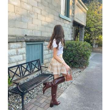 MUCCCUTE Brown Knee High Boots for Women - Square Toe Chunky Block Heel Boots with Side Zipper Pull On PU Tall Boots Crocodile Pattern US Size 6