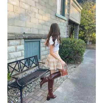 MUCCCUTE Brown Knee High Boots for Women - Square Toe Chunky Block Heel Boots with Side Zipper Pull On PU Tall Boots Crocodile Pattern US Size 6