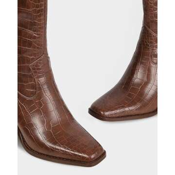 MUCCCUTE Brown Knee High Boots for Women - Square Toe Chunky Block Heel Boots with Side Zipper Pull On PU Tall Boots Crocodile Pattern US Size 6