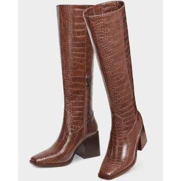 MUCCCUTE Brown Knee High Boots for Women - Square Toe Chunky Block Heel Boots with Side Zipper Pull On PU Tall Boots Crocodile Pattern US Size 6