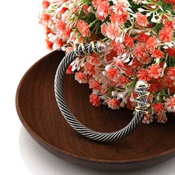 Eastbon Twisted Cable Bracelet with Composite Shell Pearl 6" Antique Cuff Bracelets for Women