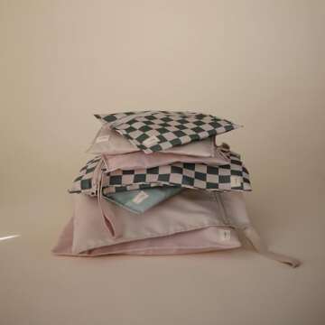 mushie Water Resistant Wet Bags | Large & Small Reusable Storage Bag for Baby Items and Travel | Zippered Pockets with Handle | Machine Washable, Set of 2 (Olive Check)