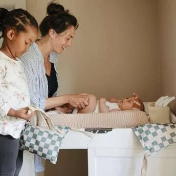 mushie Water Resistant Wet Bags | Large & Small Reusable Storage Bag for Baby Items and Travel | Zippered Pockets with Handle | Machine Washable, Set of 2 (Olive Check)