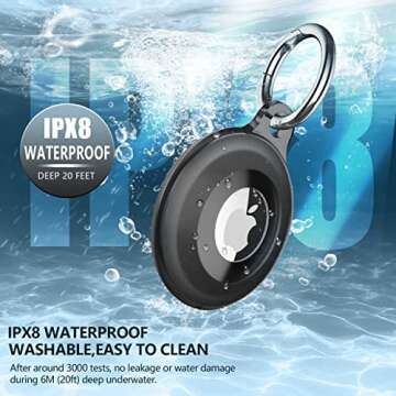 2 Pack IPX8 Waterproof AirTag Keychain Holder Case, Lightweight, Anti-Scratch, Easy Installation,Soft Full-Body Shockproof Air Tag Holder for Luggage,Keys, Dog Collar- Black