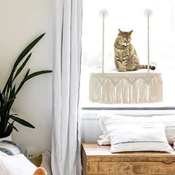 Dahey Macrame Cat Window Perch Boho Cat Hammock Wall Mounted Pet Resting Seat Bed for Indoor Cats Safety Space Saving Kitty Swing Shelf with Tassel Holds up to 45 lbs with Screw Suction Cups, Gift