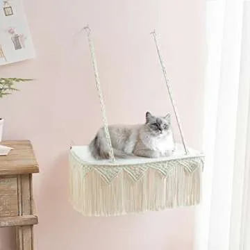 Dahey Macrame Cat Window Perch Boho Cat Hammock Wall Mounted Pet Resting Seat Bed for Indoor Cats Safety Space Saving Kitty Swing Shelf with Tassel Holds up to 45 lbs with Screw Suction Cups, Gift
