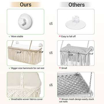 Dahey Macrame Cat Window Perch Boho Cat Hammock Wall Mounted Pet Resting Seat Bed for Indoor Cats Safety Space Saving Kitty Swing Shelf with Tassel Holds up to 45 lbs with Screw Suction Cups, Gift