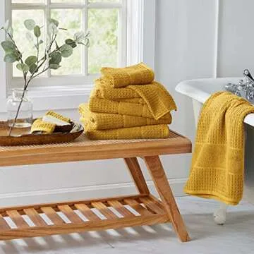 100% Cotton Super Soft Luxury Towel Set | Quick-Dry and Highly Absorbent | Waffle Textured | 550 GSM | 2 Bath Towels, 2 Hand Towels, & 2 Washcloths | Harper Collection (Mustard Yellow)